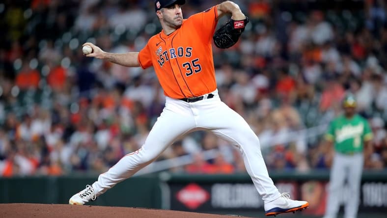 Sep 16, 2022; Houston, Texas, USA; Houston Astros starting pitcher Justin Verlander (35) delivers a pitch against the Oakland Athletics during the first inning at Minute Maid Park. Mandatory Credit: Erik Williams-USA TODAY Sports