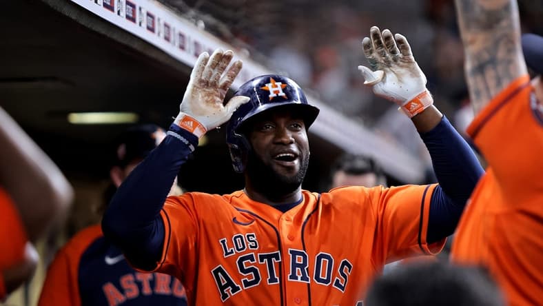 Sep 16, 2022; Houston, Texas, USA; Houston Astros left fielder Yordan Alvarez (44) is greeted after hitting a home run to center field against the Oakland Athletics during the third inning at Minute Maid Park. Mandatory Credit: Erik Williams-USA TODAY Sports