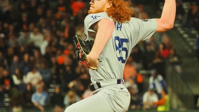 Sep 16, 2022; San Francisco, California, USA; Los Angeles Dodgers starting pitcher Dustin May (85) pitches the ball against the San Francisco Giants during the first inning at Oracle Park. Mandatory Credit: Kelley L Cox-USA TODAY Sports