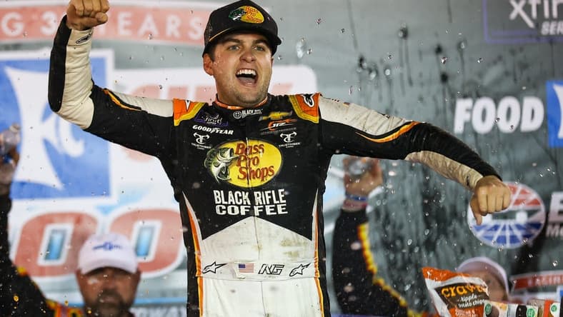 Sep 16, 2022; Bristol, Tennessee, USA; NASCAR Xfinity Series driver Noah Gragson (9) celebrates winning the Food City 300 at Bristol Motor Speedway. Mandatory Credit: Randy Sartin-USA TODAY Sports