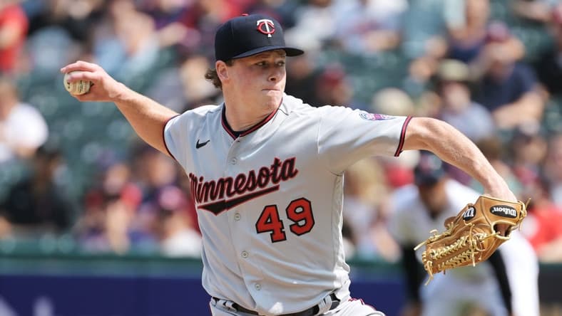 Sep 17, 2022; Cleveland, Ohio, USA; Minnesota Twins starting pitcher Louie Varland (49) throws a pitch during the first inning against the Cleveland Guardians at Progressive Field. Mandatory Credit: Ken Blaze-USA TODAY Sports