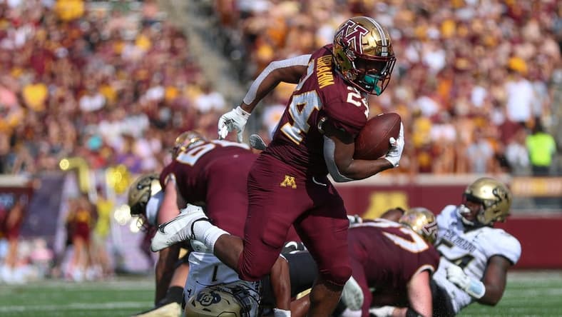 Sep 17, 2022; Minneapolis, Minnesota, USA; Minnesota Golden Gophers running back Mohamed Ibrahim (24) runs against the Colorado Buffaloes during the second quarter at Huntington Bank Stadium. Mandatory Credit: Matt Krohn-USA TODAY Sports