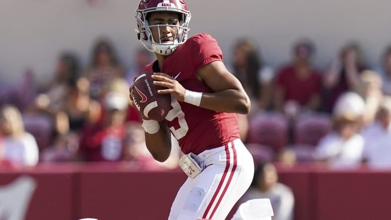 Sep 17, 2022; Tuscaloosa, Alabama, USA; Alabama Crimson Tide quarterback Bryce Young (9) looks to pass against Louisiana Monroe Warhawks at Bryant-Denny Stadium. Mandatory Credit: Marvin Gentry-USA TODAY Sports