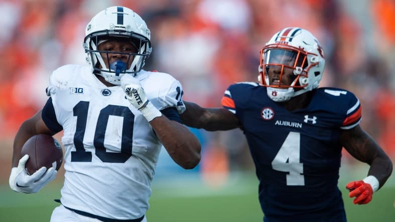 Penn State Nittany Lions running back Nicholas Singleton (10) runs the ball as Auburn Tigers take on Penn State Nittany Lions at Jordan-Hare Stadium in Auburn, Ala., on Saturday, Sept. 17, 2022.
