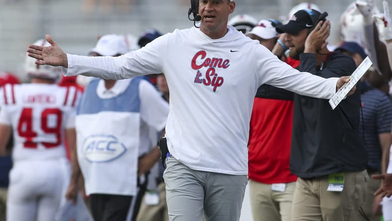Sep 17, 2022; Atlanta, Georgia, USA; Georgia Tech Yellow Jackets head coach Lane Kiffin shows emotion against the Mississippi Rebels in the second half at Bobby Dodd Stadium. Mandatory Credit: Brett Davis-USA TODAY Sports