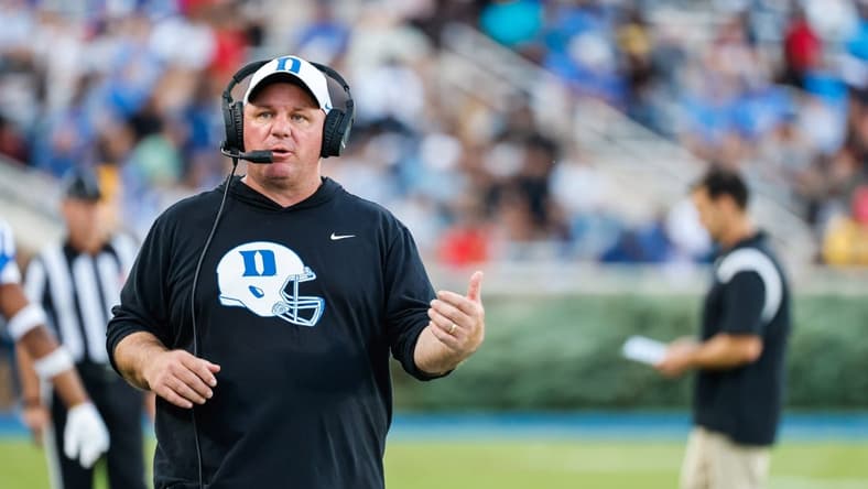 Sep 17, 2022; Durham, North Carolina, USA; Duke Blue Devils head coach Mike Elko reacts during first half against the North Carolina A&T Aggies at Wallace Wade Stadium. Mandatory Credit: Jaylynn Nash-USA TODAY Sports