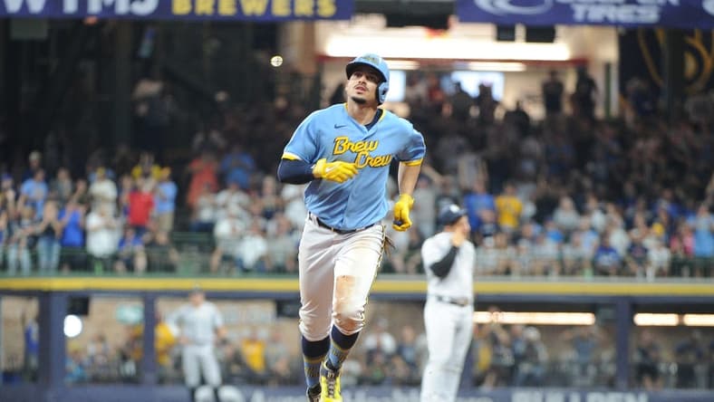 Sep 17, 2022; Milwaukee, Wisconsin, USA;  Milwaukee Brewers shortstop Willy Adames (27) rounds the bases after hitting a home run against the New York Yankees in the third inning at American Family Field. Mandatory Credit: Michael McLoone-USA TODAY Sports