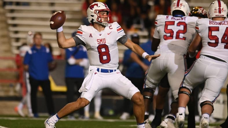 Sep 17, 2022; College Park, Maryland, USA;  Southern Methodist Mustangs quarterback Tanner Mordecai (8) throws during the first quarter against the Maryland Terrapins at Capital One Field at Maryland Stadium. Mandatory Credit: Tommy Gilligan-USA TODAY Sports