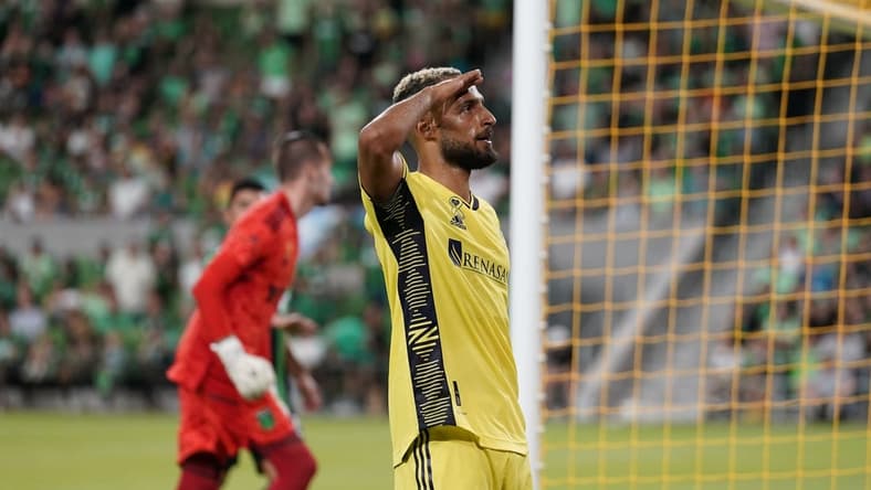 Sep 17, 2022; Austin, Texas, USA; Nashville SC midfielder Hany Mukhtar (10) reacts after scoring on a penalty kick during the second half against Austin FC at Q2 Stadium. Mandatory Credit: Scott Wachter-USA TODAY Sports