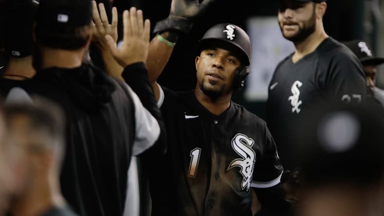 Sep 17, 2022; Detroit, Michigan, USA; Chicago White Sox shortstop Elvis Andrus (1) high fives teammates in the dugout after scoring a run against the Detroit Tigers at Comerica Park. Mandatory Credit: Brian Sevald-USA TODAY Sports