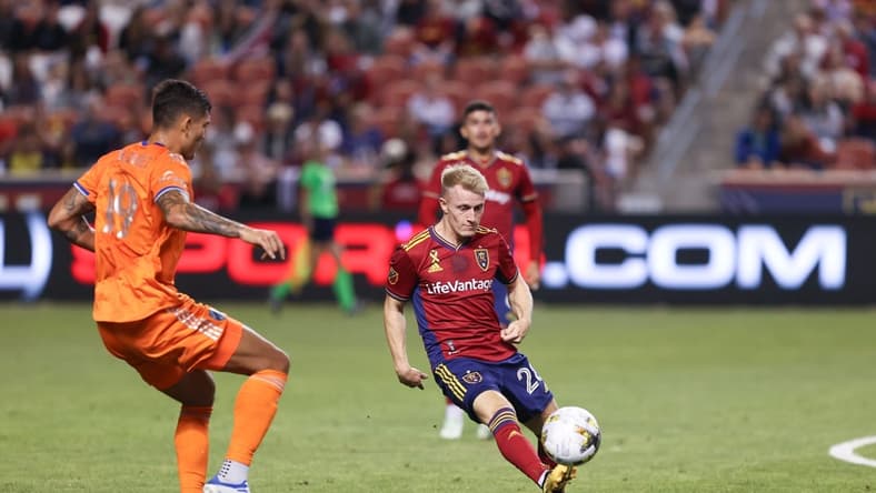 Sep 17, 2022; Sandy, Utah, USA;  Real Salt Lake defender Jasper L  effelsend (28) kicks the ball out against FC Cincinnati forward Brandon V  zquez (19) at Rio Tinto Stadium. Mandatory Credit: Melissa Majchrzak-USA TODAY Sports