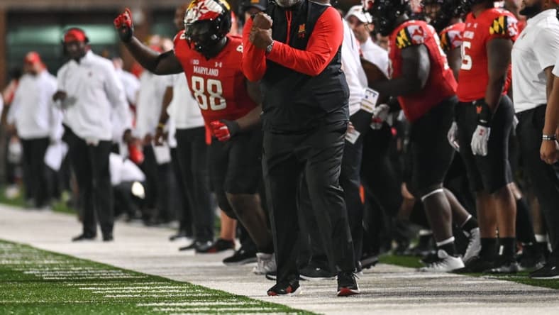 Sep 17, 2022; College Park, Maryland, USA;  Maryland Terrapins head coach Mike Locksley reacts during the second half against the Southern Methodist Mustangs at Capital One Field at Maryland Stadium. Mandatory Credit: Tommy Gilligan-USA TODAY Sports