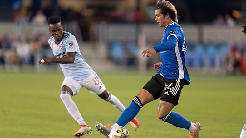 Sep 17, 2022; San Jose, California, USA;  San Jose Earthquakes forward Cade Cowell (44) controls the ball against FC Dallas forward Jader Obrian (8) during the first half at PayPal Park. Mandatory Credit: Stan Szeto-USA TODAY Sports