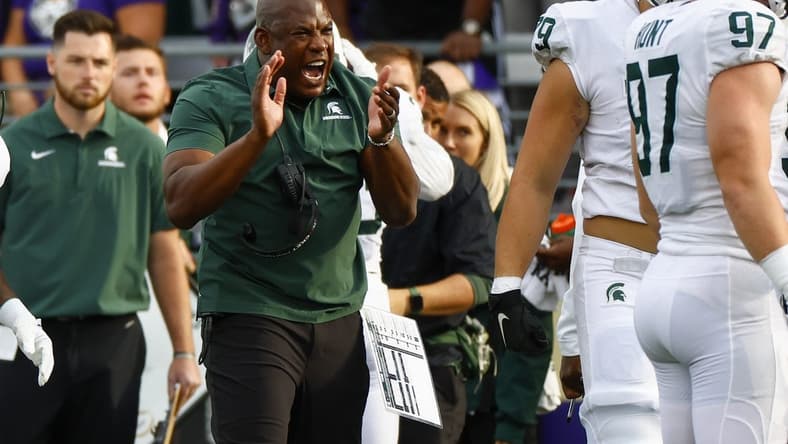 Sep 17, 2022; Seattle, Washington, USA; Michigan State Spartans head coach Mel Tucker reacts to a fourth down stop against the Washington Huskies during the first quarter at Alaska Airlines Field at Husky Stadium. Mandatory Credit: Joe Nicholson-USA TODAY Sports