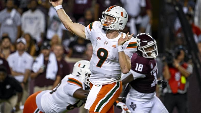Sep 17, 2022; College Station, Texas, USA; Miami Hurricanes quarterback Tyler Van Dyke (9) passes against the Texas A&M Aggies during the second half at Kyle Field. Mandatory Credit: Jerome Miron-USA TODAY Sports