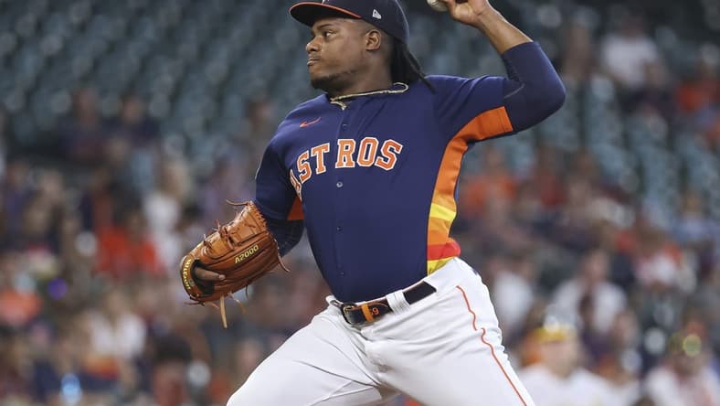 Sep 18, 2022; Houston, Texas, USA; Houston Astros starting pitcher Framber Valdez (59) delivers a pitch during the first inning against the Oakland Athletics at Minute Maid Park. Mandatory Credit: Troy Taormina-USA TODAY Sports