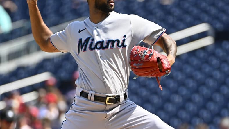 Sep 18, 2022; Washington, District of Columbia, USA; Miami Marlins starting pitcher Sandy Alcantara (22) throws to the Washington Nationals during the first inning at Nationals Park. Mandatory Credit: Brad Mills-USA TODAY Sports