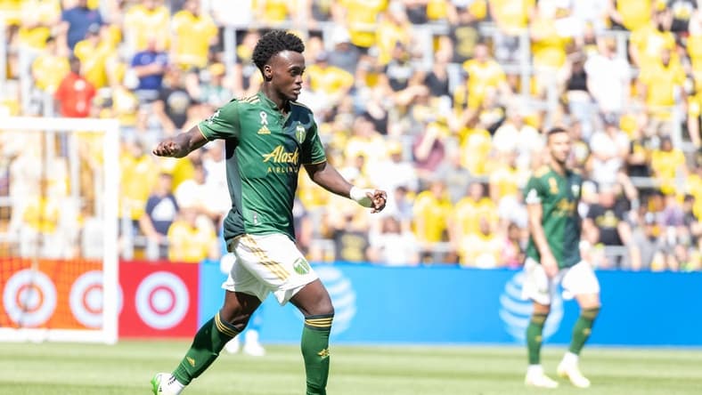 Sep 18, 2022; Columbus, Ohio, USA; Portland Timbers midfielder Santiago Moreno (30) dribbles the ball in the second half against the Columbus Crew at Lower.com Field. Mandatory Credit: Trevor Ruszkowski-USA TODAY Sports