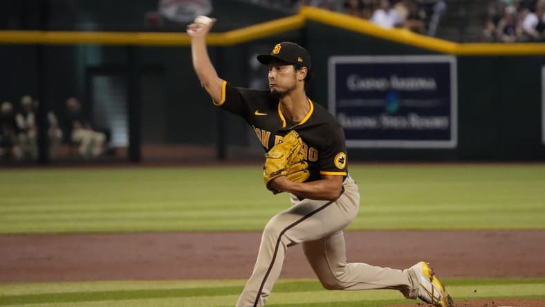 Sep 18, 2022; Phoenix, Arizona, USA; San Diego Padres starting pitcher Yu Darvish (11) pitches against the Arizona Diamondbacks during the first inning at Chase Field. Mandatory Credit: Joe Camporeale-USA TODAY Sports