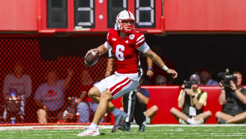Sep 17, 2022; Lincoln, Nebraska, USA; Nebraska Cornhuskers quarterback Chubba Purdy (6) against the Oklahoma Sooners at Memorial Stadium. Mandatory Credit: Kevin Jairaj-USA TODAY Sports