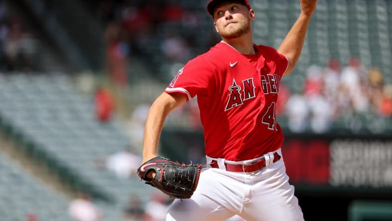 Sep 18, 2022; Anaheim, California, USA;  Los Angeles Angels starting pitcher Reid Detmers (48) pitches during the sixth inning against the Seattle Mariners at Angel Stadium. Mandatory Credit: Kiyoshi Mio-USA TODAY Sports