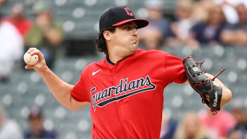 Sep 19, 2022; Cleveland, Ohio, USA; Cleveland Guardians starting pitcher Cal Quantrill (47) throws a pitch during the first inning against the Minnesota Twins at Progressive Field. Mandatory Credit: Ken Blaze-USA TODAY Sports