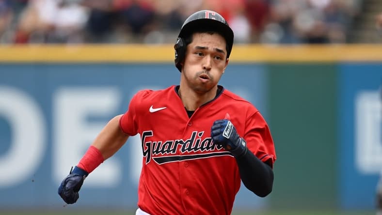 Sep 19, 2022; Cleveland, Ohio, USA; Cleveland Guardians left fielder Steven Kwan (38) rounds the bases during an RBI triple in the second inning against the Minnesota Twins at Progressive Field. Mandatory Credit: Ken Blaze-USA TODAY Sports