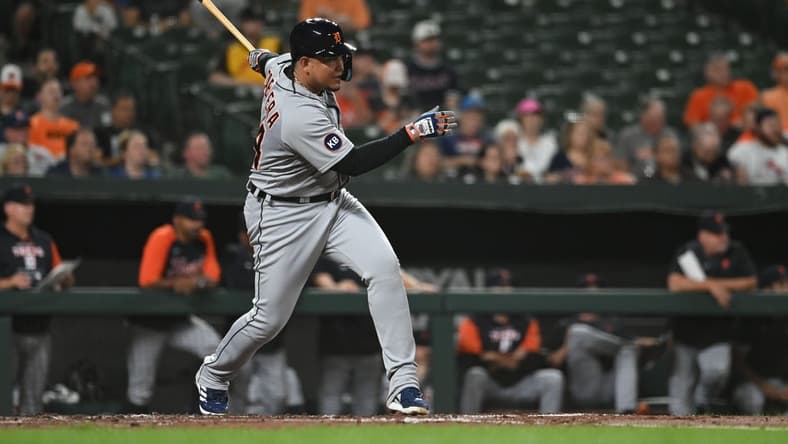 Sep 19, 2022; Baltimore, Maryland, USA; Detroit Tigers designated hitter Miguel Cabrera (24) swings through a fourth inning single against the Baltimore Orioles at Oriole Park at Camden Yards. Mandatory Credit: Tommy Gilligan-USA TODAY Sports