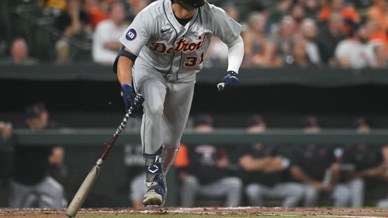 Sep 19, 2022; Baltimore, Maryland, USA; Detroit Tigers center fielder Riley Greene (31) this a rbi single in the fourth inning against the Baltimore Orioles  at Oriole Park at Camden Yards. Mandatory Credit: Tommy Gilligan-USA TODAY Sports
