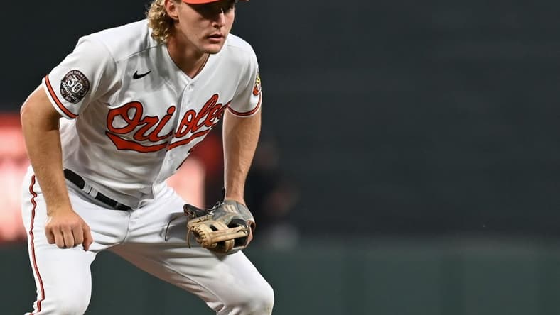 Sep 19, 2022; Baltimore, Maryland, USA; Baltimore Orioles third baseman Gunnar Henderson (2) looks into home plate from third base during the game against the Detroit Tigers at Oriole Park at Camden Yards. Mandatory Credit: Tommy Gilligan-USA TODAY Sports