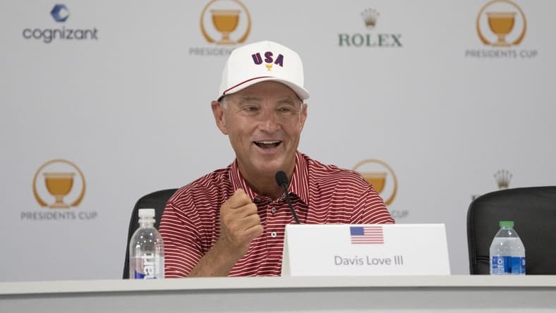 Sep 20, 2022; Charlotte, North Carolina, USA; Team USA captain Davis Love III smiles while addressing the media in a press conference during a practice day for the Presidents Cup golf tournament at Quail Hollow Club. Mandatory Credit: Kyle Terada-USA TODAY Sports
