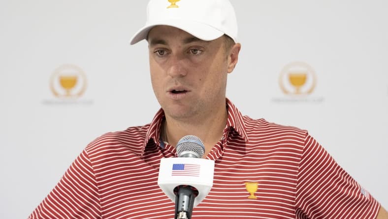 Sep 20, 2022; Charlotte, North Carolina, USA; Team USA golfer Justin Thomas addresses the media in a press conference during a practice day for the Presidents Cup golf tournament at Quail Hollow Club. Mandatory Credit: Kyle Terada-USA TODAY Sports