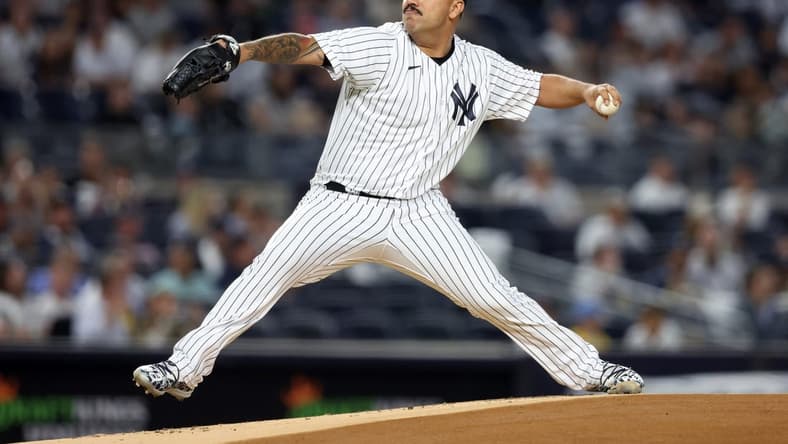 Sep 20, 2022; Bronx, New York, USA; New York Yankees starting pitcher Nestor Cortes (65) pitches against the Pittsburgh Pirates during the first inning at Yankee Stadium. Mandatory Credit: Brad Penner-USA TODAY Sports