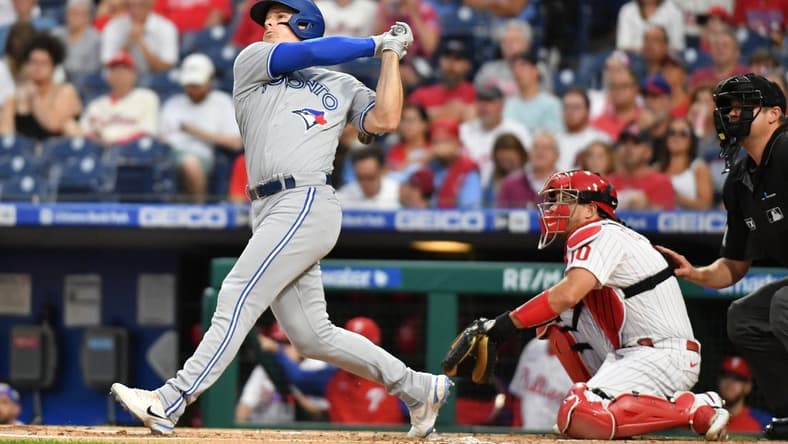 Sep 20, 2022; Philadelphia, Pennsylvania, USA; Toronto Blue Jays third baseman Matt Chapman (26) watches his three run home run against the Philadelphia Phillies during the first inning at Citizens Bank Park. Mandatory Credit: Eric Hartline-USA TODAY Sports