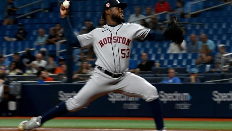 Sep 20, 2022; St. Petersburg, Florida, USA; Houston Astros pitcher Cristian Javier (53) throws a pitch in the second inning against the Tampa Bay Rays at Tropicana Field. Mandatory Credit: Jonathan Dyer-USA TODAY Sports