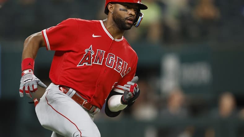 Sep 20, 2022; Arlington, Texas, USA; Los Angeles Angels left fielder Jo Adell (7) runs to second base with a double in the third inning against the Texas Rangers at Globe Life Field. Mandatory Credit: Tim Heitman-USA TODAY Sports