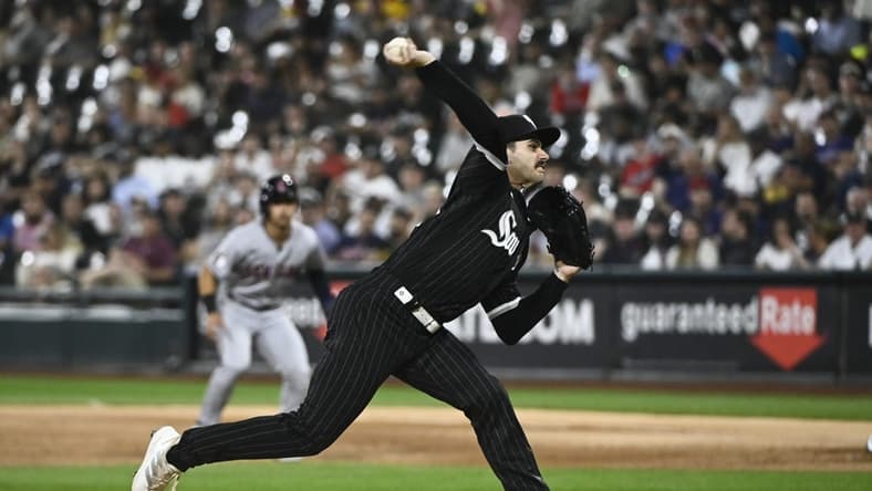 Sep 20, 2022; Chicago, Illinois, USA; Chicago White Sox starting pitcher Dylan Cease (84) delivers against the Cleveland Guardians during the first inning at Guaranteed Rate Field. Mandatory Credit: Matt Marton-USA TODAY Sports