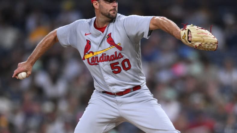 Sep 20, 2022; San Diego, California, USA; St. Louis Cardinals starting pitcher Adam Wainwright (50) throws a pitch against the San Diego Padres during the first inning at Petco Park. Mandatory Credit: Orlando Ramirez-USA TODAY Sports