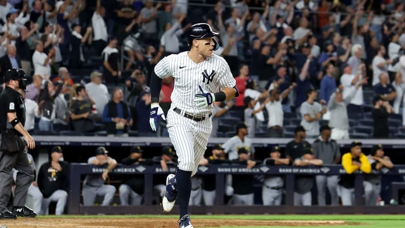 Sep 20, 2022; Bronx, New York, USA; New York Yankees right fielder Aaron Judge (99) rounds the bases after hitting a solo home run against the Pittsburgh Pirates during the ninth inning at Yankee Stadium. Mandatory Credit: Brad Penner-USA TODAY Sports