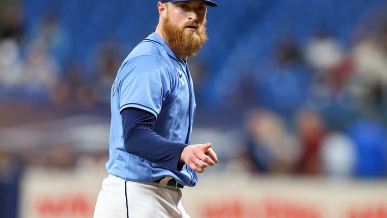 Sep 19, 2022; St. Petersburg, Florida, USA; Tampa Bay Rays starting pitcher Drew Rasmussen (57) walks off the field after pitching against the Houston Astros in the first inning at Tropicana Field. Mandatory Credit: Nathan Ray Seebeck-USA TODAY Sports
