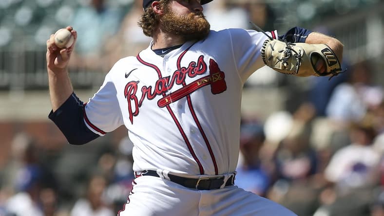Sep 21, 2022; Atlanta, Georgia, USA; Atlanta Braves starting pitcher Bryce Elder (55) throws against the Washington Nationals in the first inning at Truist Park. Mandatory Credit: Brett Davis-USA TODAY Sports