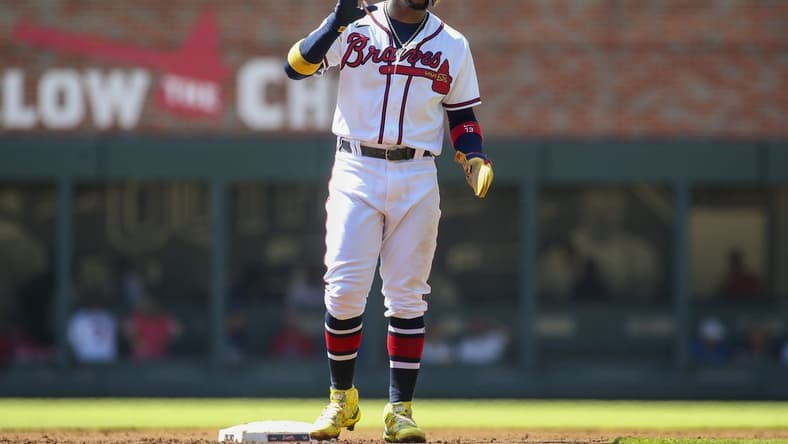 Sep 21, 2022; Atlanta, Georgia, USA; Atlanta Braves right fielder Ronald Acuna Jr. (13) on second base against the Washington Nationals in the first inning at Truist Park. Mandatory Credit: Brett Davis-USA TODAY Sports