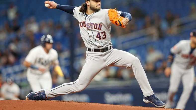 Sep 21, 2022; St. Petersburg, Florida, USA;  Houston Astros starting pitcher Lance McCullers Jr. (43) throws a pitch against the Tampa Bay Rays in the first inning at Tropicana Field. Mandatory Credit: Nathan Ray Seebeck-USA TODAY Sports