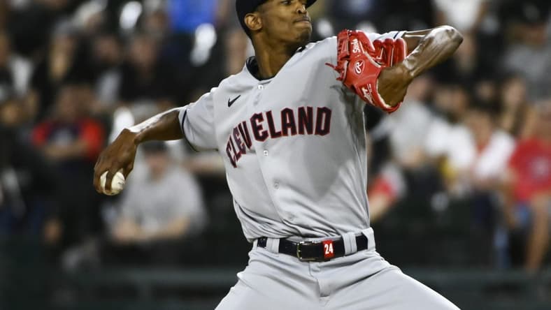 Sep 21, 2022; Chicago, Illinois, USA; Cleveland Guardians starting pitcher Triston McKenzie (24) delivers against the Chicago White Sox during the first inning at Guaranteed Rate Field. Mandatory Credit: Matt Marton-USA TODAY Sports