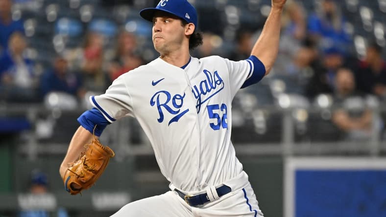 Sep 21, 2022; Kansas City, Missouri, USA; Kansas City Royals starting pitcher Daniel Lynch (52) delivers a pitch during the first inning against the Minnesota Twins at Kauffman Stadium. Mandatory Credit: Peter Aiken-USA TODAY Sports
