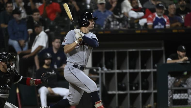 Sep 21, 2022; Chicago, Illinois, USA; Cleveland Guardians right fielder Will Brennan (63) hits an RBI single against the Chicago White Sox during the third inning at Guaranteed Rate Field. Mandatory Credit: Matt Marton-USA TODAY Sports