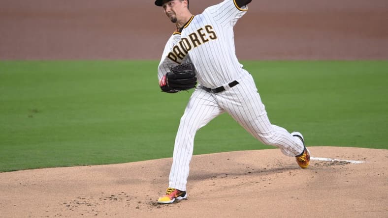 Sep 21, 2022; San Diego, California, USA; San Diego Padres starting pitcher Blake Snell (4) throws a pitch against the St. Louis Cardinals during the first inning at Petco Park. Mandatory Credit: Orlando Ramirez-USA TODAY Sports