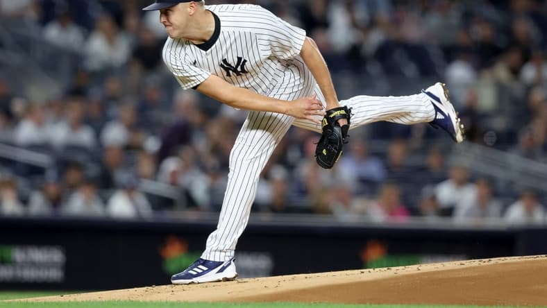 Sep 22, 2022; Bronx, New York, USA; New York Yankees starting pitcher Jameson Taillon (50) follows through on a pitch against the Boston Red Sox during the first inning at Yankee Stadium. Mandatory Credit: Brad Penner-USA TODAY Sports