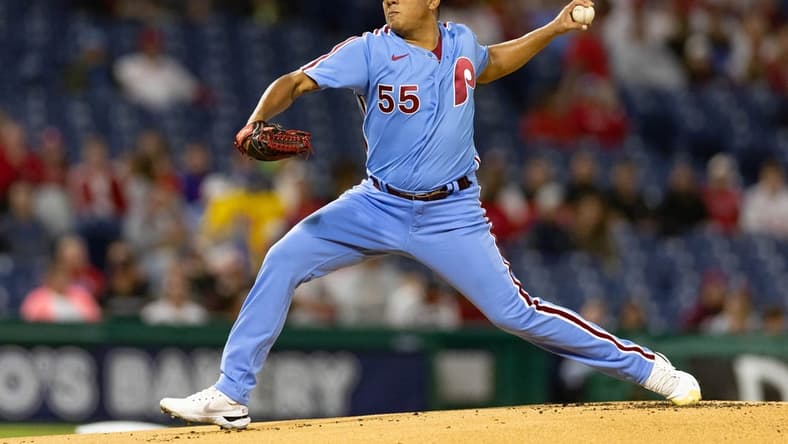 Sep 22, 2022; Philadelphia, Pennsylvania, USA; Philadelphia Phillies starting pitcher Ranger Suarez (55) throws a pitch during the first inning against the Atlanta Braves at Citizens Bank Park. Mandatory Credit: Bill Streicher-USA TODAY Sports