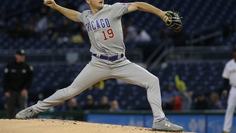 Sep 22, 2022; Pittsburgh, Pennsylvania, USA; Chicago Cubs starting pitcher Hayden Wesneski (19) delivers a pitch against the Pittsburgh Pirates during the first inning at PNC Park. Mandatory Credit: Charles LeClaire-USA TODAY Sports